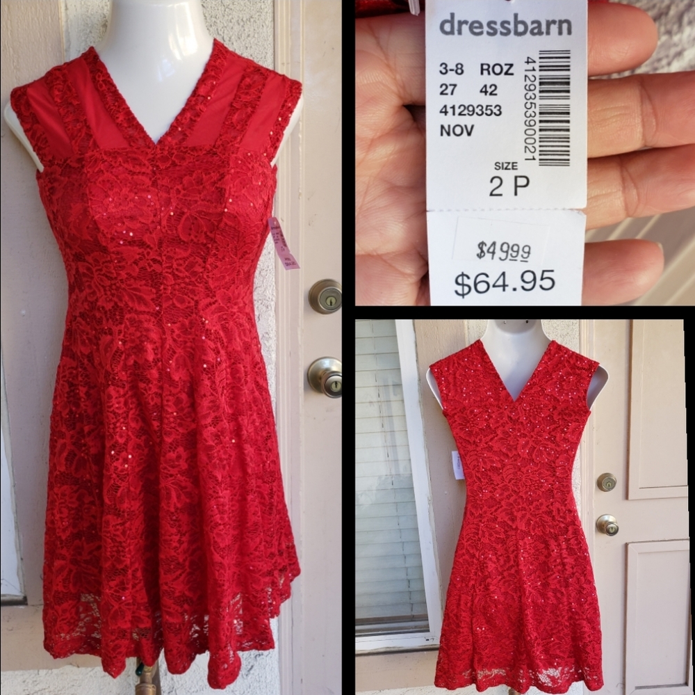 2 PETITE red lace cocktail sequin dress sleeveless